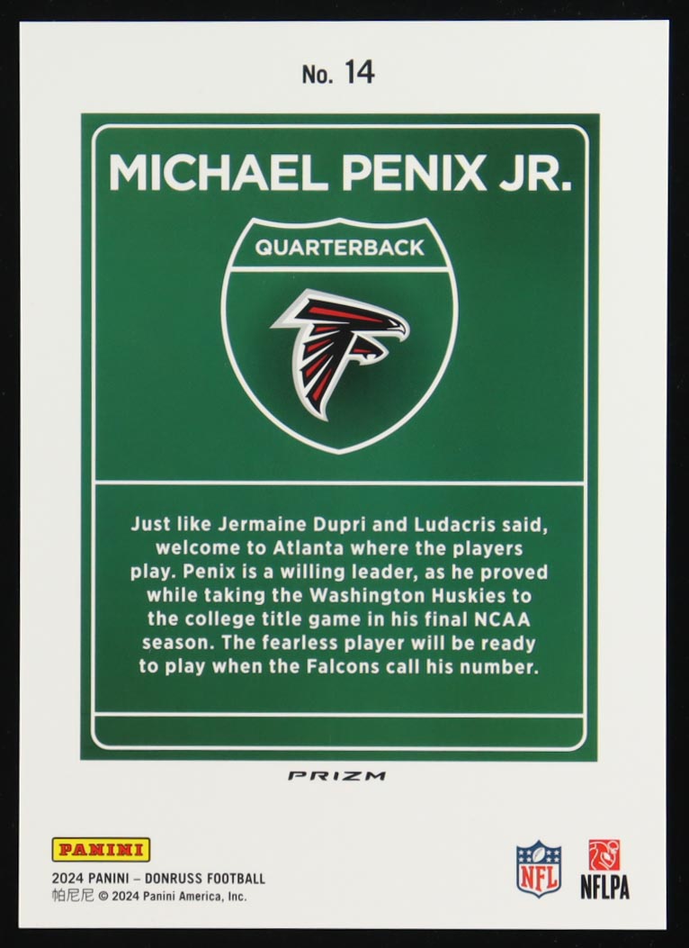 Michael Penix Jr. 2024 Panini Donruss Football Oversized Downtown Jumbo #14 RC at PristineAuction.com Michael Penix Jr. 2024 Panini Donruss Football Oversized Downtown Jumbo #14 RC at PristineAuction.com