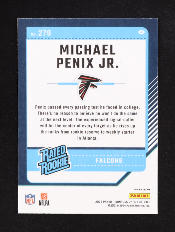 Michael Penix Jr. 2024 Donruss Optic Purple Shock Prizm #279 RR RC at PristineAuction.com Michael Penix Jr. 2024 Donruss Optic Purple Shock Prizm #279 RR RC at PristineAuction.com