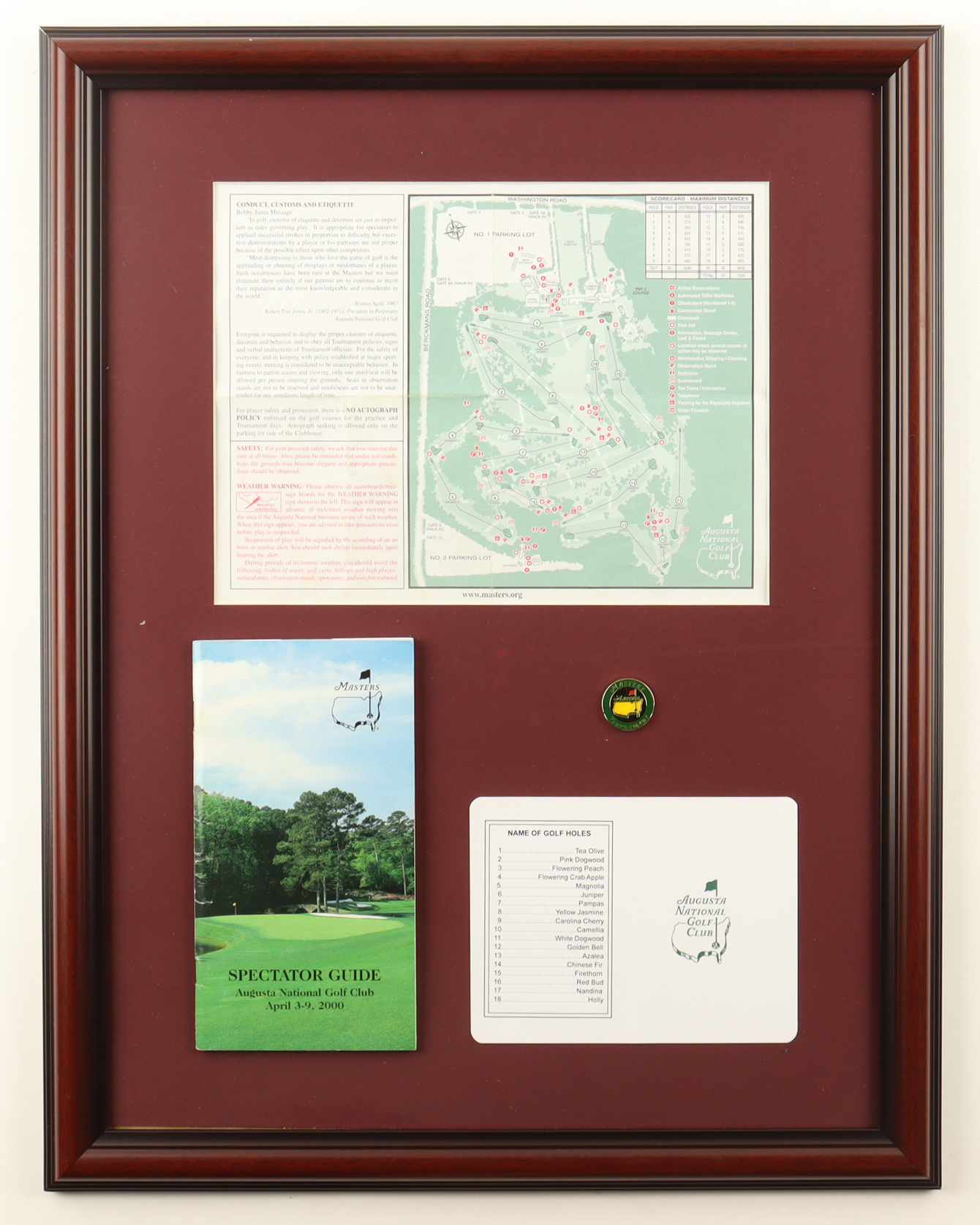 "Augusta National Golf Club" Custom Framed Course Map Display With 2000 Masters Spectator Guide, Masters Tournament Pin & Official Augusta National Scorecard at PristineAuction.com "Augusta National Golf Club" Custom Framed Course Map Display With 2000 Masters Spectator Guide, Masters Tournament Pin & Official Augusta National Scorecard at PristineAuction.com