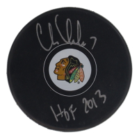 Chris Chelios Signed Blackhawks Logo Hockey Puck Inscribed "HOF 2013" (Schwartz) at PristineAuction.com