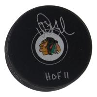 Doug Gilmour Signed Blackhawks Logo Hockey Puck Inscribed "HOF 11" (Schwartz) at PristineAuction.com