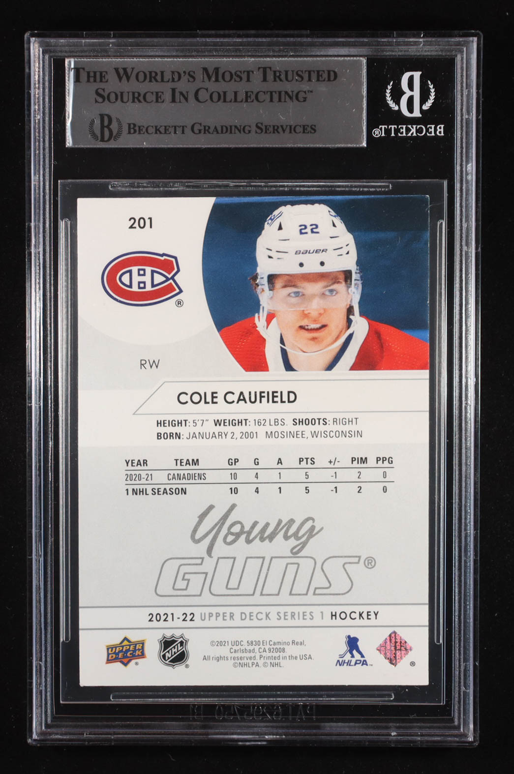 Cole Caufield 2021-22 Upper Deck #201 YG RC (Beckett | Auto Grade BGS Authentic) at PristineAuction.com Cole Caufield 2021-22 Upper Deck #201 YG RC (Beckett | Auto Grade BGS Authentic) at PristineAuction.com