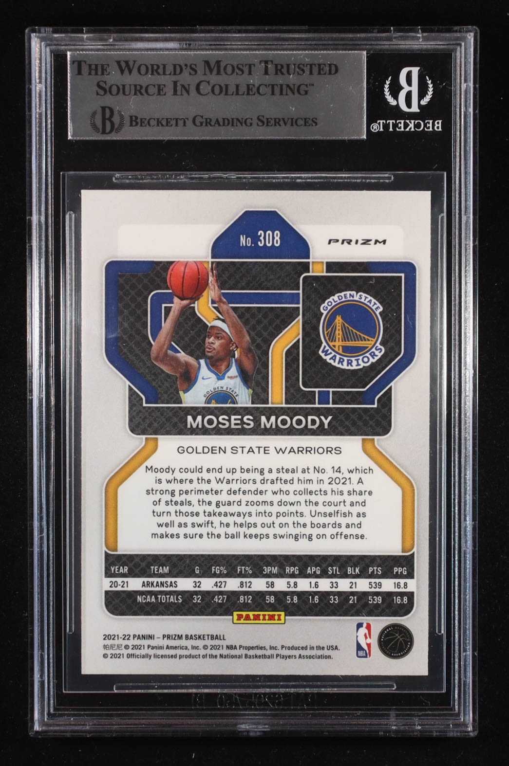 Moses Moody Signed 2021-22 Panini Prizm Prizms Silver #308 RC (Beckett | Auto Grade BGS Authentic) at PristineAuction.com Moses Moody Signed 2021-22 Panini Prizm Prizms Silver #308 RC (Beckett | Auto Grade BGS Authentic) at PristineAuction.com