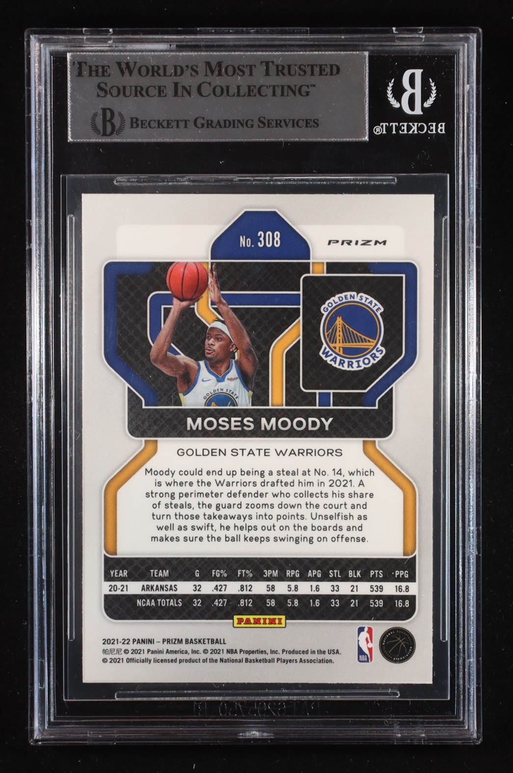 Moses Moody Signed 2021-22 Panini Prizm Prizms Silver #308 RC (Beckett | Auto Grade BGS Authentic) at PristineAuction.com Moses Moody Signed 2021-22 Panini Prizm Prizms Silver #308 RC (Beckett | Auto Grade BGS Authentic) at PristineAuction.com