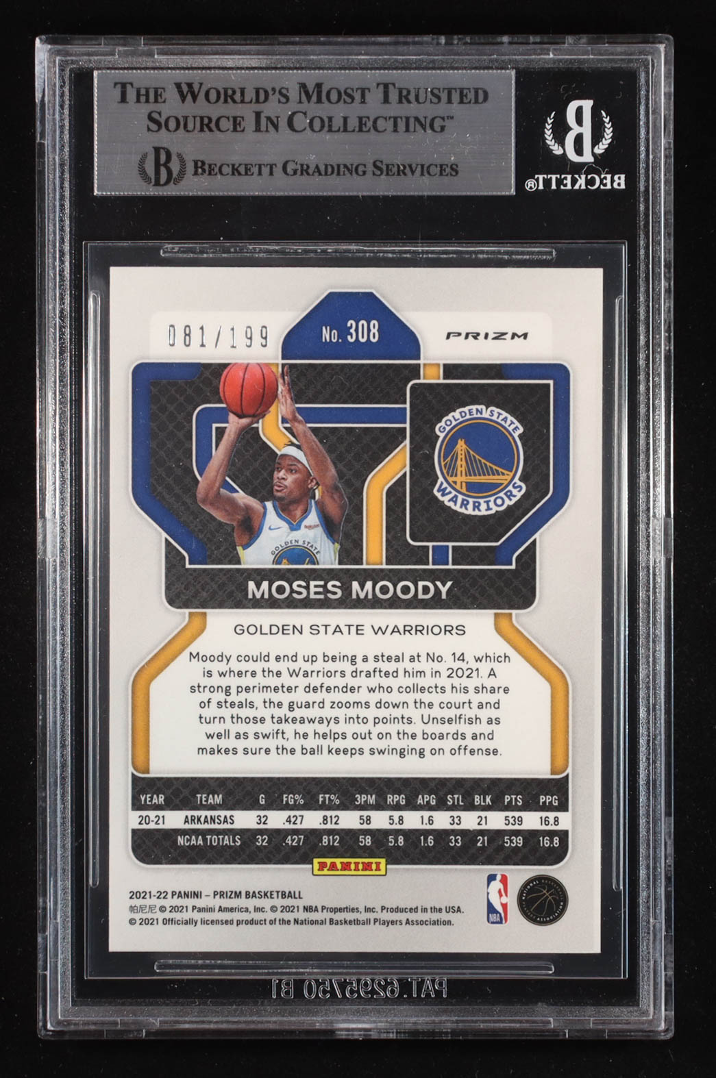 Moses Moody Signed 2021-22 Panini Prizm Prizms Blue #308 #081/199 RC (Beckett | Auto Grade BGS Authentic) at PristineAuction.com Moses Moody Signed 2021-22 Panini Prizm Prizms Blue #308 #081/199 RC (Beckett | Auto Grade BGS Authentic) at PristineAuction.com
