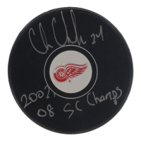 Chris Chelios Signed Red Wings Logo Hockey Puck Inscribed "HOF 2002, 08 SC Champs" (Schwartz) at PristineAuction.com