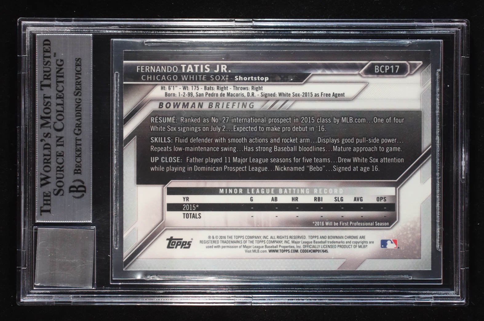 Fernando Tatis Jr. Signed 2016 Bowman Chrome Prospects #BCP17 RC (Beckett | Auto Grade BGS 9) at PristineAuction.com Fernando Tatis Jr. Signed 2016 Bowman Chrome Prospects #BCP17 RC (Beckett | Auto Grade BGS 9) at PristineAuction.com