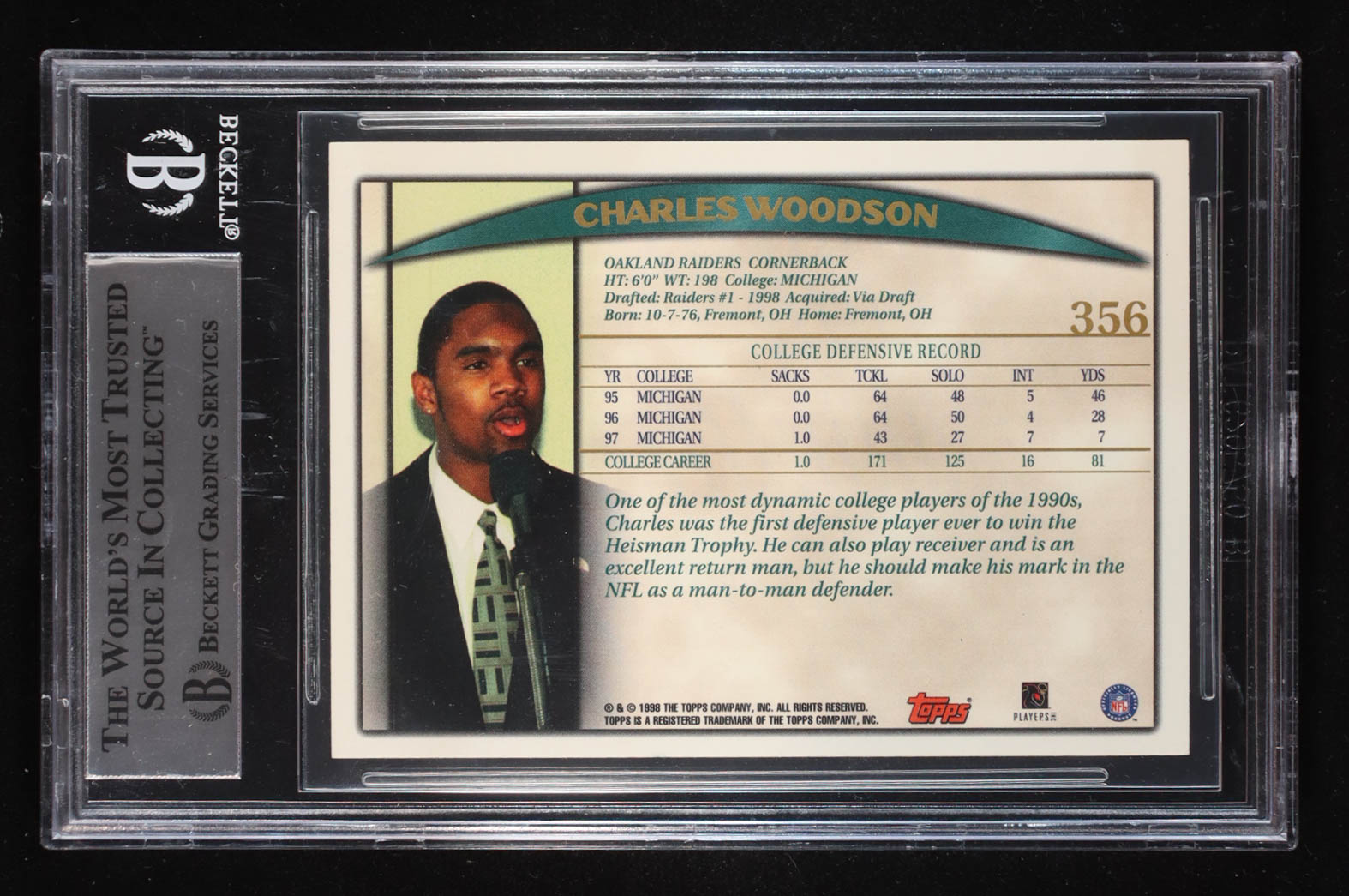 Charles Woodson Signed 1998 Topps #356 RC (Beckett | Auto Grade BGS Authentic) at PristineAuction.com Charles Woodson Signed 1998 Topps #356 RC (Beckett | Auto Grade BGS Authentic) at PristineAuction.com