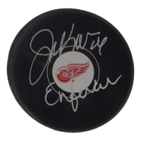 Joe Kocur Signed Red Wings Logo Hockey Puck Inscribed "Enforcer" (Schwartz) at PristineAuction.com