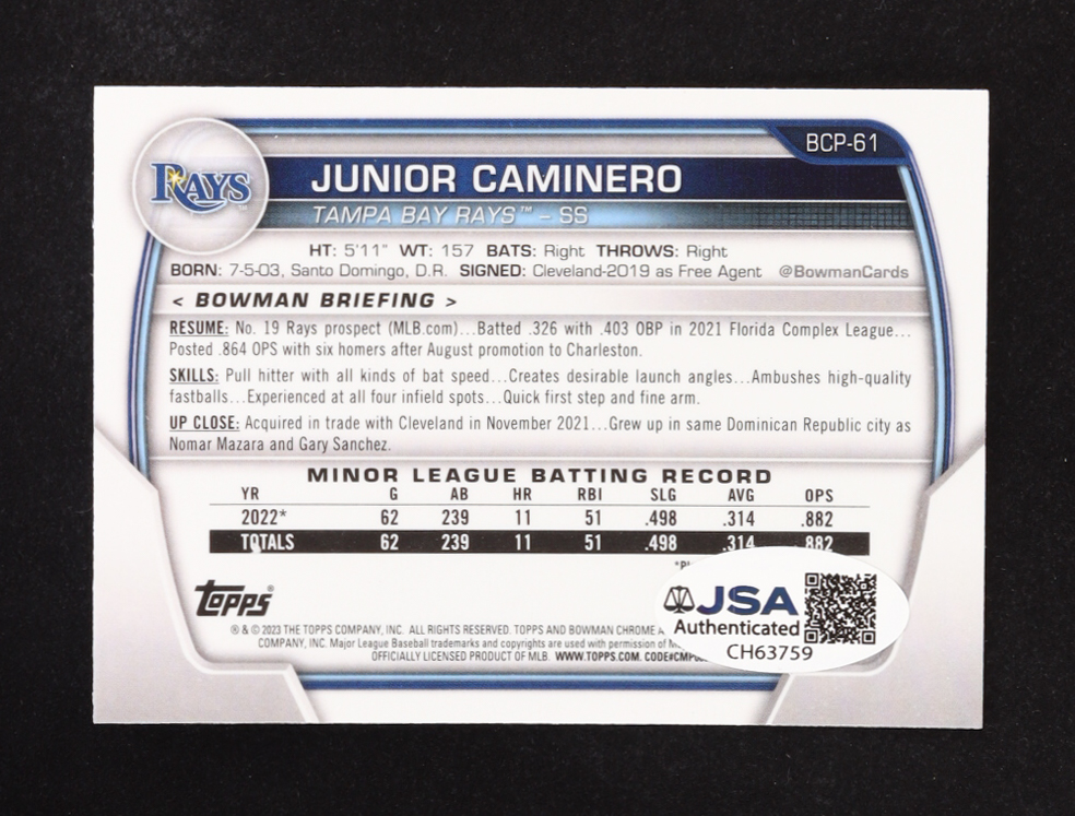 Junior Caminero Signed 2023 Bowman Chrome Prospects #BCP61 RC (JSA) at PristineAuction.com Junior Caminero Signed 2023 Bowman Chrome Prospects #BCP61 RC (JSA) at PristineAuction.com
