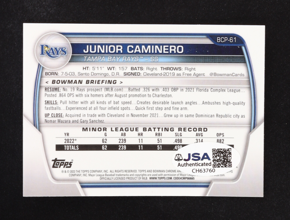 Junior Caminero Signed 2023 Bowman Chrome Prospects #BCP61 RC (JSA) at PristineAuction.com Junior Caminero Signed 2023 Bowman Chrome Prospects #BCP61 RC (JSA) at PristineAuction.com