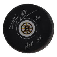 Gerry Cheevers Signed Bruins Logo Hockey Puck Inscribed "HOF 85" (Schwartz) at PristineAuction.com