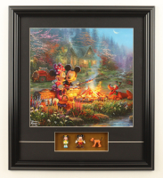 "Mickey & Minnie Mouse Sweetheart Campfire" by Thomas Kinkade Custom Framed Print Display with Vintage 1960 Disney Pluto, Mickey & Minnie Mouse Figurines at PristineAuction.com