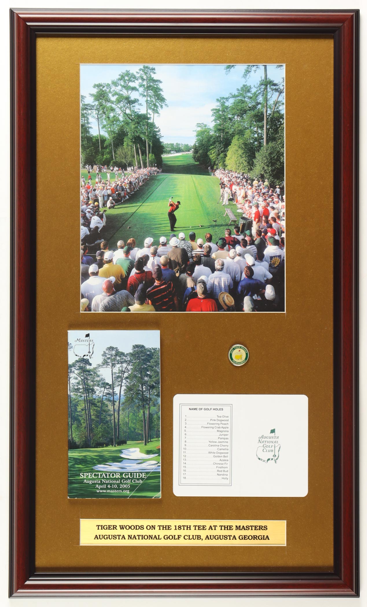 "Tiger Woods on the 18th Tee at The Masters" Custom Framed Photo Display with 2005 Masters Pin, Spectator Guide & Scorecard at PristineAuction.com "Tiger Woods on the 18th Tee at The Masters" Custom Framed Photo Display with 2005 Masters Pin, Spectator Guide & Scorecard at PristineAuction.com