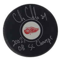 Chris Chelios Signed Red Wings Logo Hockey Puck Inscribed "HOF 2002, 08 SC Champs" (Schwartz) at PristineAuction.com