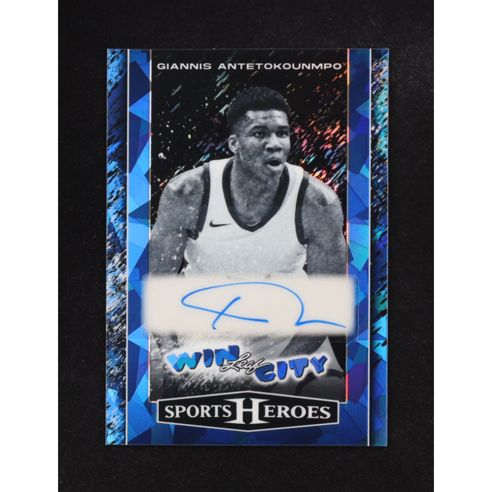 Giannis Antetokounmpo 2025 Leaf Sports Heroes Win City Autographs Blue Crystal #WCGA1 #1/4 at PristineAuction.com