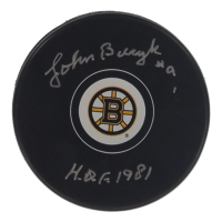 Johnny Bucyk Signed Bruins Logo Hockey Puck Inscribed "H.O.F. 1981" (Schwartz) at PristineAuction.com