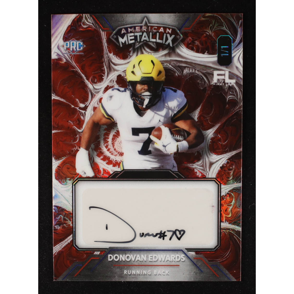 Donovan Edwards 2023 Wild Card American Metallix Autographs Red Rainbow #WMFDEA RC #1/1 at PristineAuction.com