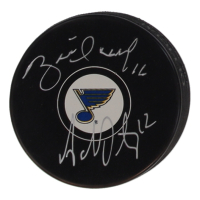 Brett Hull & Adam Oates Signed Blues Logo Hockey Puck (Schwartz) at PristineAuction.com