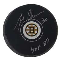 Gerry Cheevers Signed Bruins Logo Hockey Puck Inscribed "HOF 85" (Schwartz) at PristineAuction.com