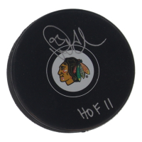 Doug Gilmour Signed Blackhawks Logo Hockey Puck Inscribed "HOF 11" (Schwartz) at PristineAuction.com