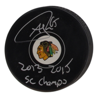 Andrew Shaw Signed Blackhawks Logo Hockey Puck Inscribed "2013, 2015 SC Champs" (Schwartz) at PristineAuction.com