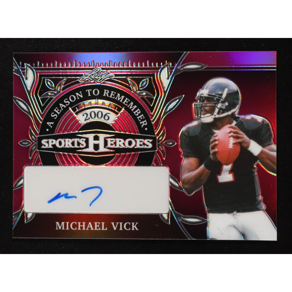 Michael Vick 2024 Leaf Metal Sports Heroes Season to Remember Autographs Pink Shimmer #ASRMV1 #5/10 at PristineAuction.com