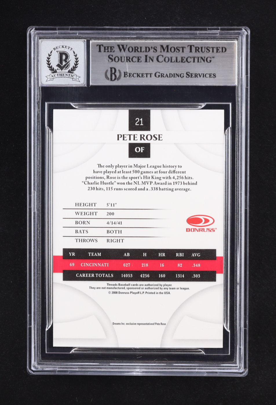 Pete Rose Signed 2008 Donruss Threads #21 (Beckett | Auto Grade BGS 10) at PristineAuction.com Pete Rose Signed 2008 Donruss Threads #21 (Beckett | Auto Grade BGS 10) at PristineAuction.com