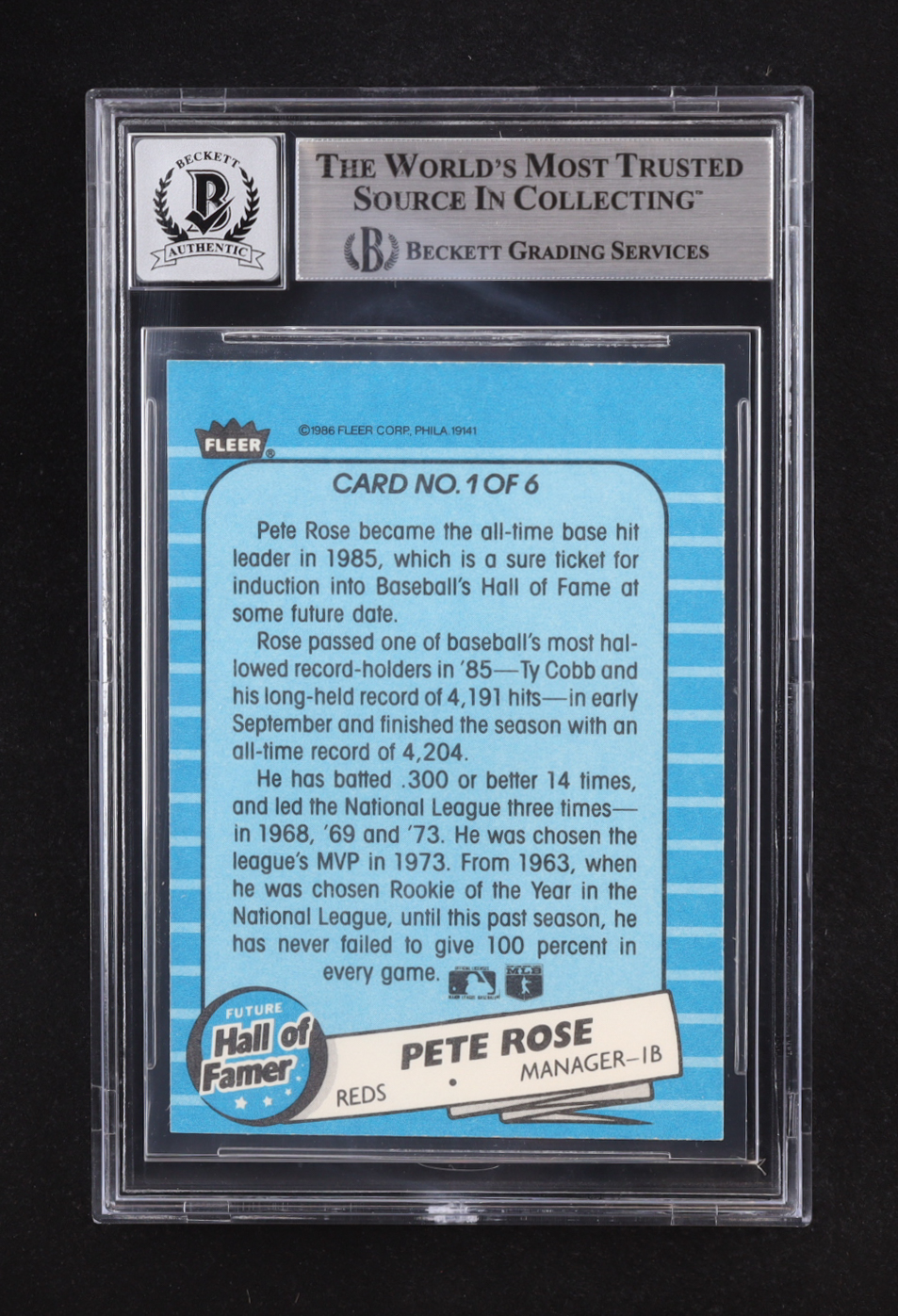 Pete Rose 1986 Fleer Future Hall of Famers #1 (Beckett | Auto Grade BGS 10) at PristineAuction.com Pete Rose 1986 Fleer Future Hall of Famers #1 (Beckett | Auto Grade BGS 10) at PristineAuction.com