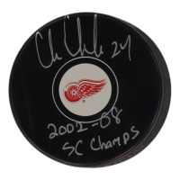 Chris Chelios Signed Red Wings Logo Hockey Puck Inscribed "2002-08 SC Champs" (Schwartz) at PristineAuction.com