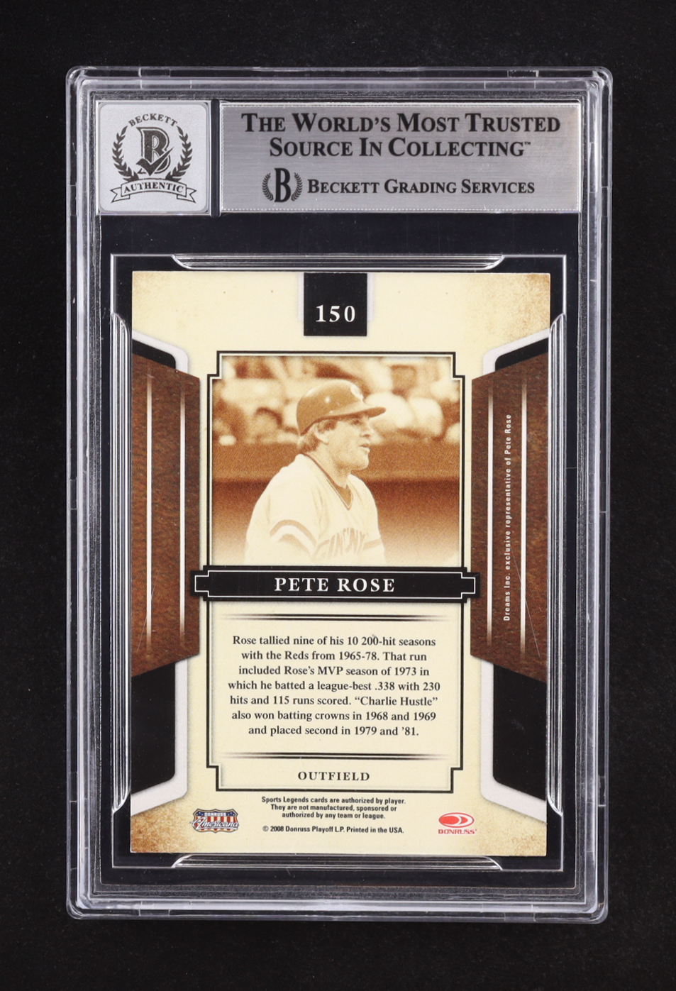 Pete Rose Signed 2008 Donruss Sports Legends #150 (Beckett | Auto Grade BGS 10) at PristineAuction.com Pete Rose Signed 2008 Donruss Sports Legends #150 (Beckett | Auto Grade BGS 10) at PristineAuction.com