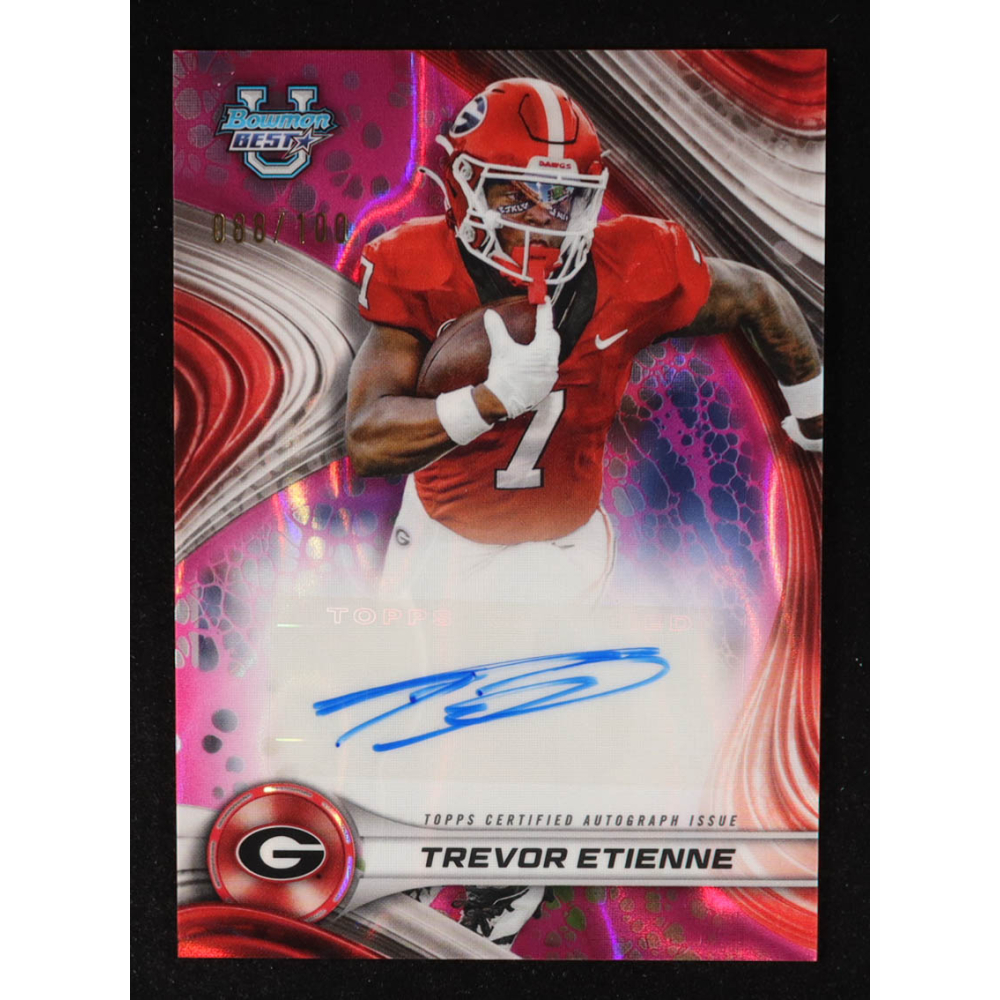 Trevor Etienne 2024 Bowman's Best University Best of '24 Autographs Pink Lava Refractors #BOATE RC #88/100 at PristineAuction.com