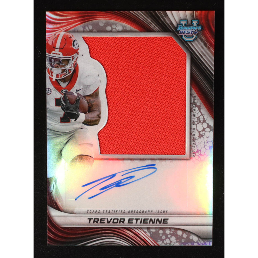 Trevor Etienne 2024 Bowman's Best University Prospect Jumbo Relic Autographs #PJATE RC at PristineAuction.com Trevor Etienne 2024 Bowman's Best University Prospect Jumbo Relic Autographs #PJATE RC at PristineAuction.com