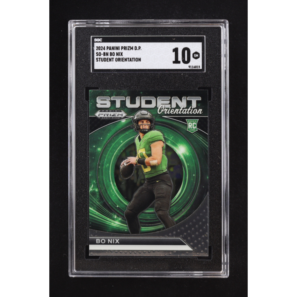 Bo Nix 2024 Panini Prizm Draft Picks Student Orientation Green RC (SGC 10) at PristineAuction.com