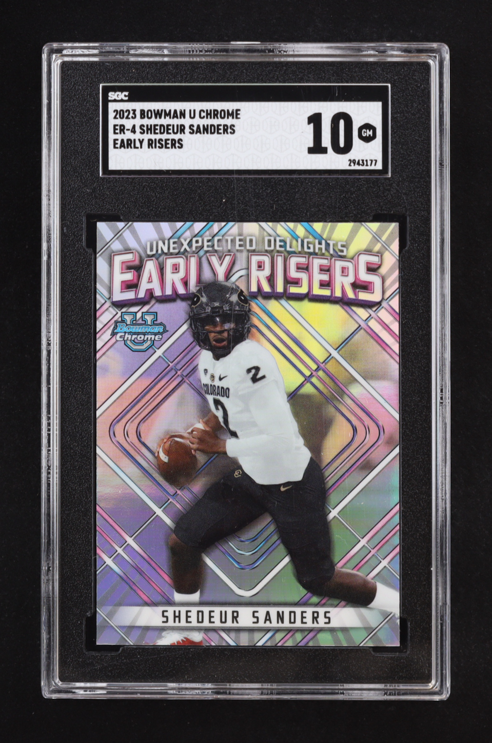 Shedeur Sanders 2023 Bowman Chrome University Unexpected Delights Early Risers #ER4 RC (SGC 10) at PristineAuction.com Shedeur Sanders 2023 Bowman Chrome University Unexpected Delights Early Risers #ER4 RC (SGC 10) at PristineAuction.com