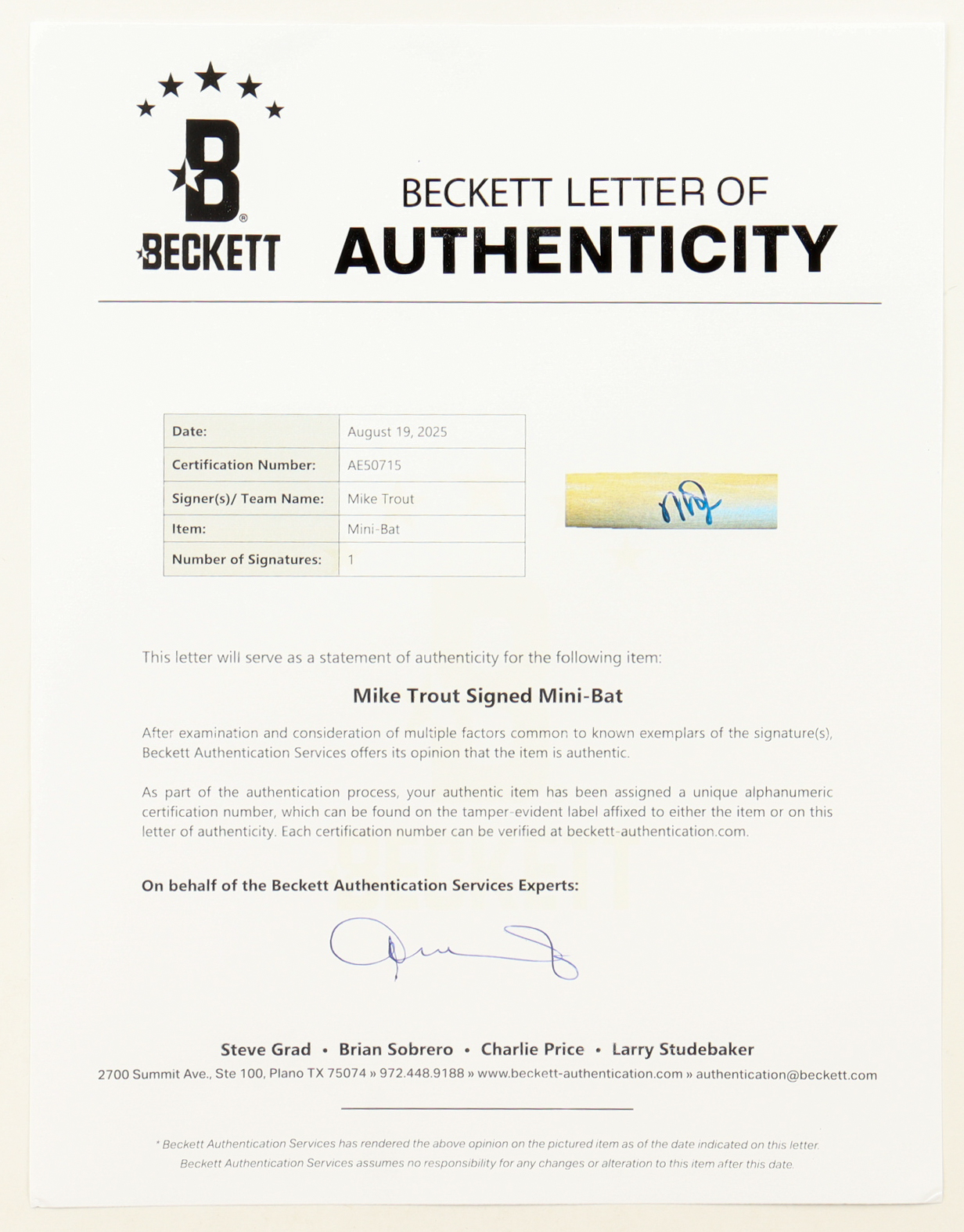 Mike Trout Signed Lousiville Slugger Mini Bat (Beckett) at PristineAuction.com Mike Trout Signed Lousiville Slugger Mini Bat (Beckett) at PristineAuction.com