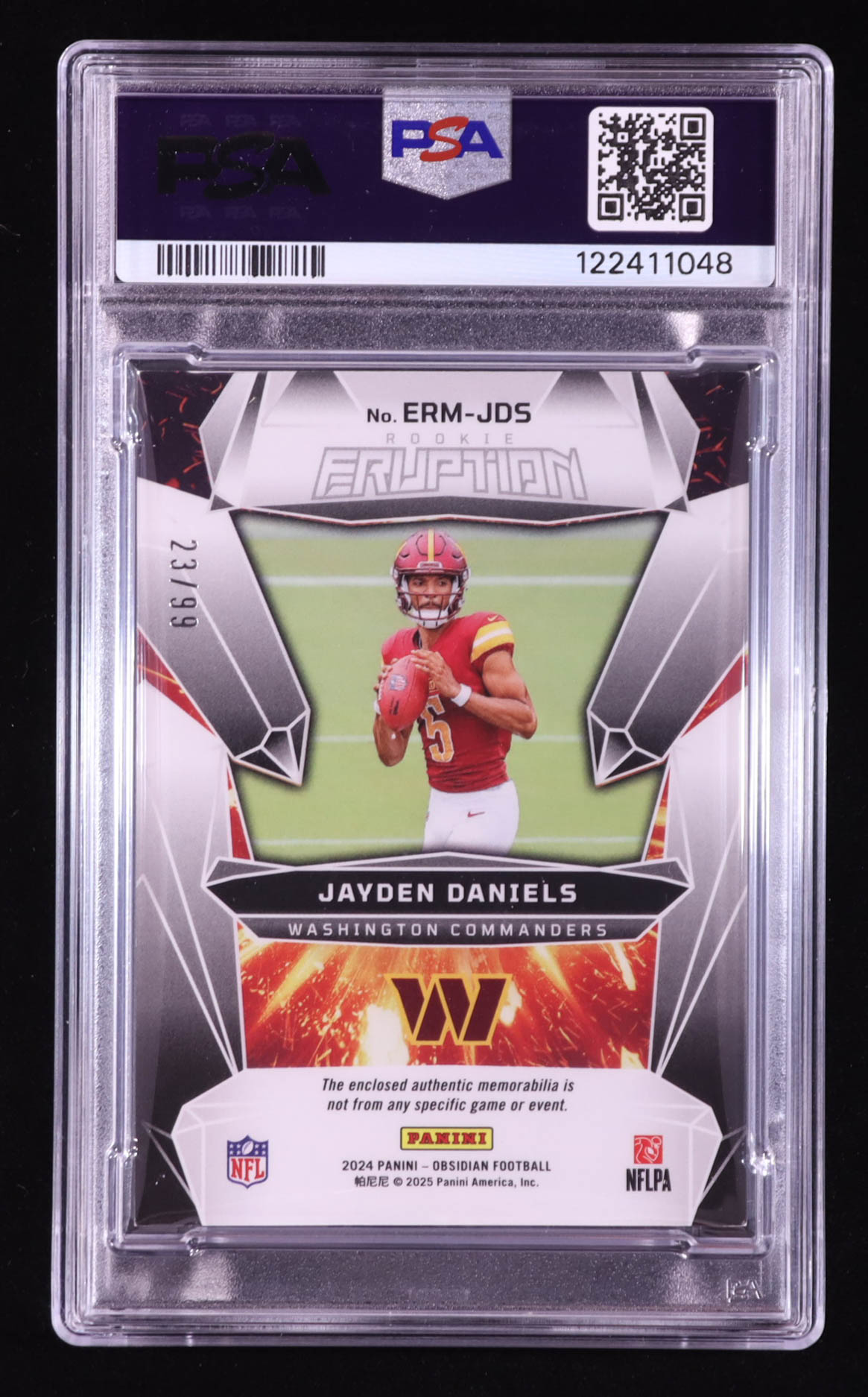 Jayden Daniels 2024 Panini Obsidian Rookie Eruption Materials Silver #23/99 RC (PSA 8) at PristineAuction.com Jayden Daniels 2024 Panini Obsidian Rookie Eruption Materials Silver #23/99 RC (PSA 8) at PristineAuction.com