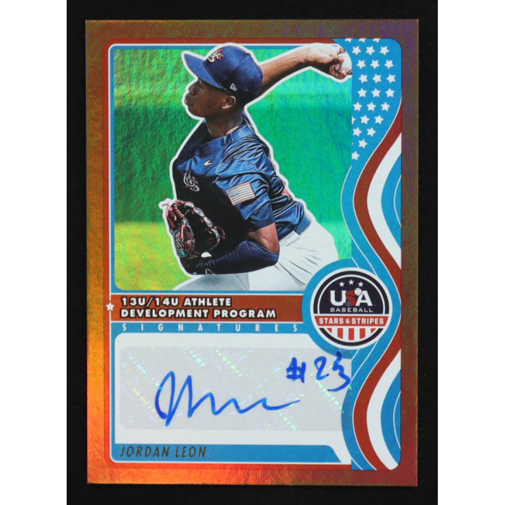 Jordan Leon 2025 USA Baseball Stars and Stripes 13U/14U National Team Signatures Red #19 RC #49/99 at PristineAuction.com