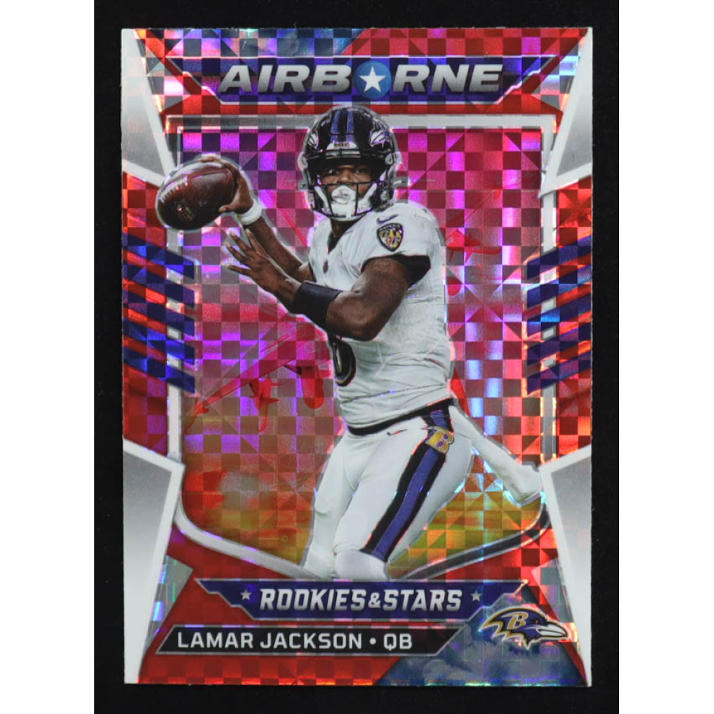 Lamar Jackson 2022 Rookies and Stars Airborne Red Plaid #4 at PristineAuction.com