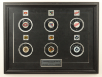 Original Six Legends Custom Framed Puck Display Signed By (6) with Jean Beliveau, Andy Bathgate, Ted Lindsay & Gerry Cheevers with (6) Team Logo Pins (Beckett) at PristineAuction.com