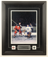 Jean Beliveau & Johnny Bower Signed "Classic Rivalry" Custom Framed Photo Display with (2) Team Logo Pins (Beckett) at PristineAuction.com