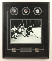 Gordie Howe, Jean Beliveau & Maurice Richard Signed Original Six Rivals Custom Framed Puck Display with Photo & (2) Team Logo Pins (Beckett) at PristineAuction.com