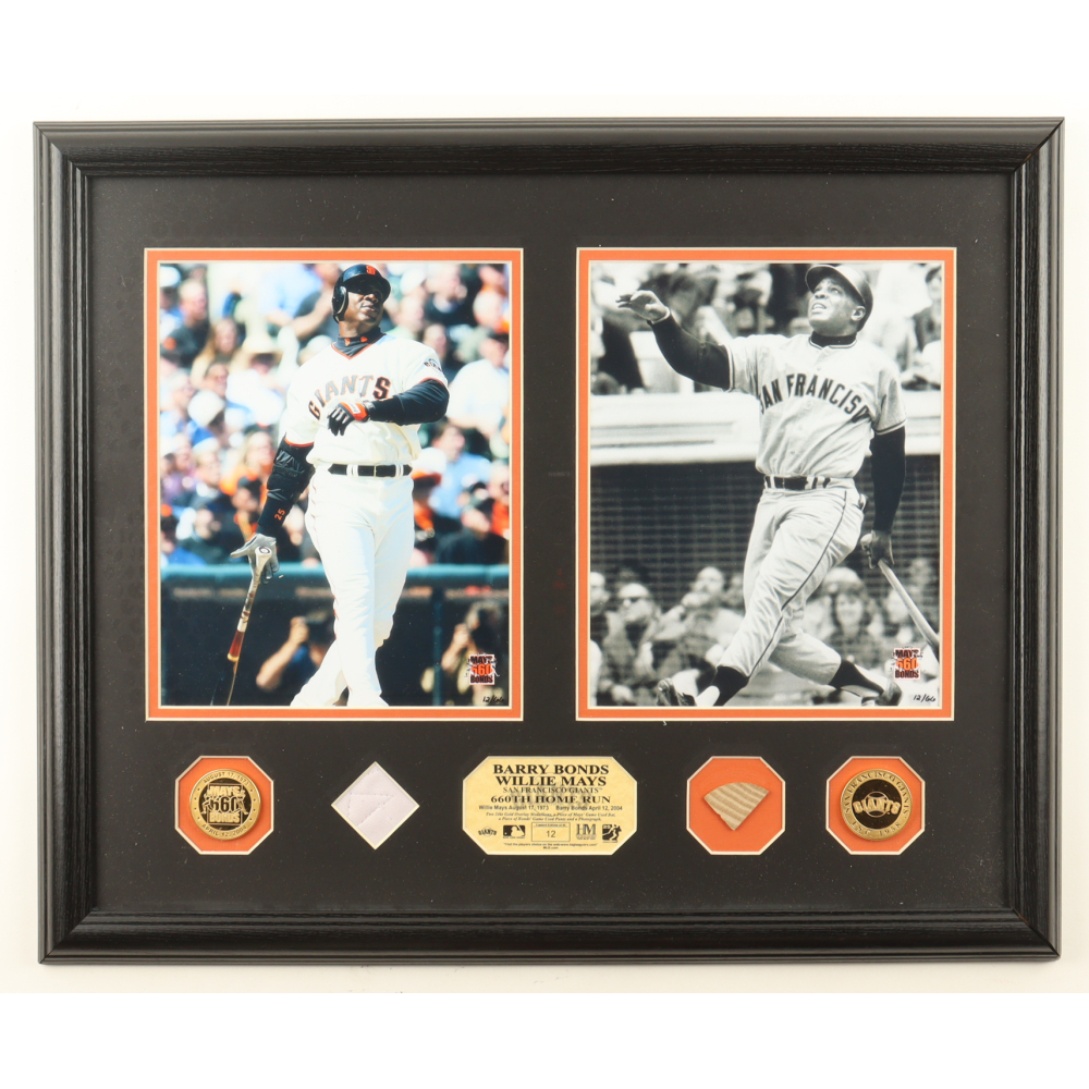 Barry Bonds & Willie Mays 660th Home Run LE Custom Framed Photo Display With Piece Of Game Used Pants, Bat & Highland Mint Coin at PristineAuction.com