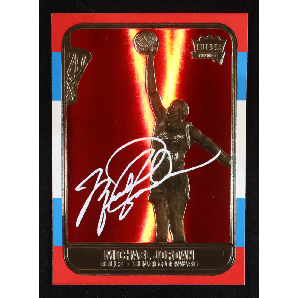 Michael Jordan 1997 Fleer Premier Signature Series Red Holo Refractor 23Kt Gold Card at PristineAuction.com