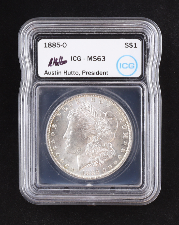 1885-O Morgan Silver Dollar - Austin Hutto Signature Label (ICG MS63) at PristineAuction.com 1885-O Morgan Silver Dollar - Austin Hutto Signature Label (ICG MS63) at PristineAuction.com
