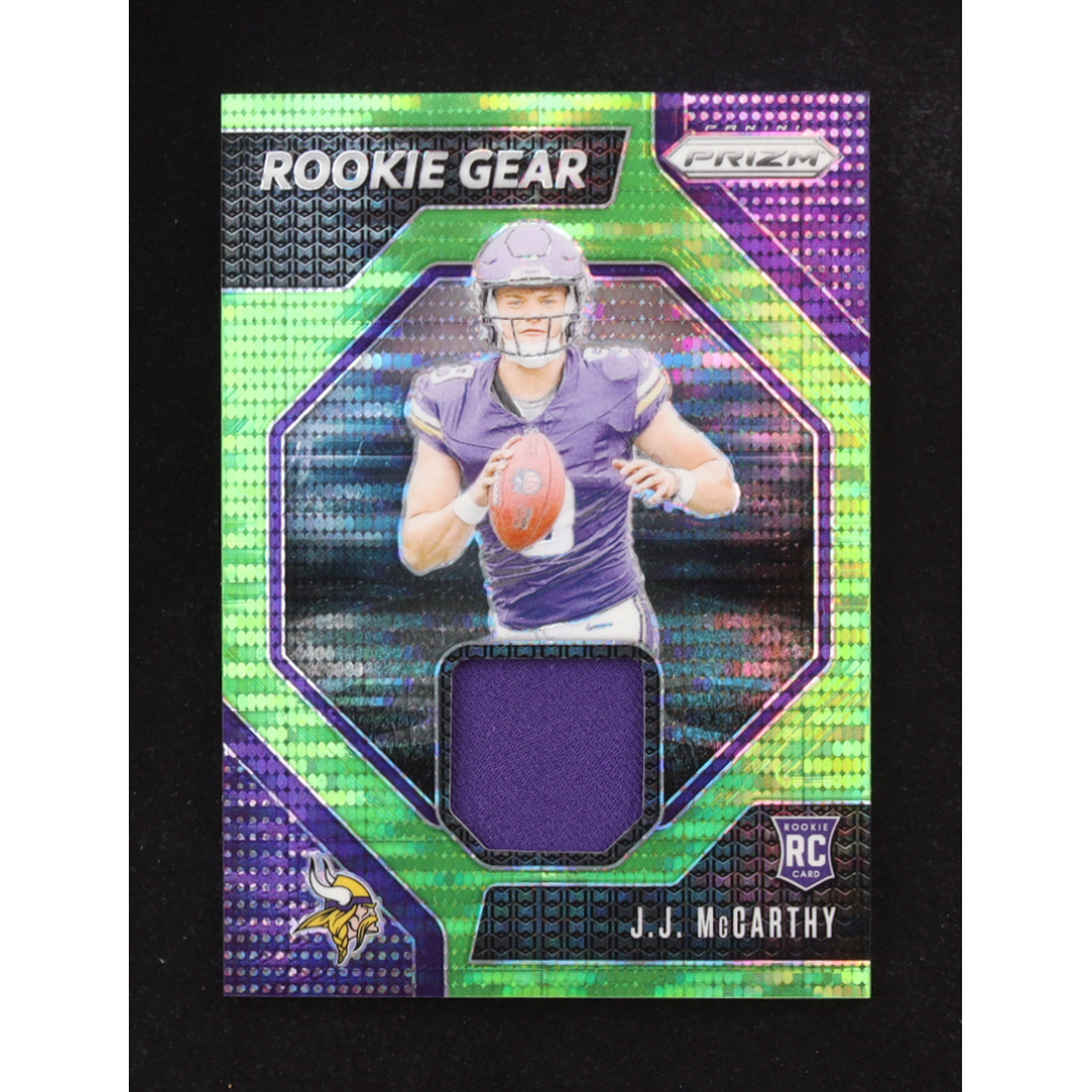 J.J. McCarthy 2024 Panini Prizm Rookie Gear Neon Green Pulsar #8 RC at PristineAuction.com