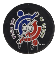 Eric Desjardins Signed 1996 Hockey World Cup Logo Hockey Puck (Beckett) at PristineAuction.com