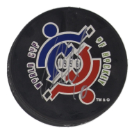 John LeClair Signed 1996 Hockey World Cup Logo Hockey Puck (Beckett) at PristineAuction.com
