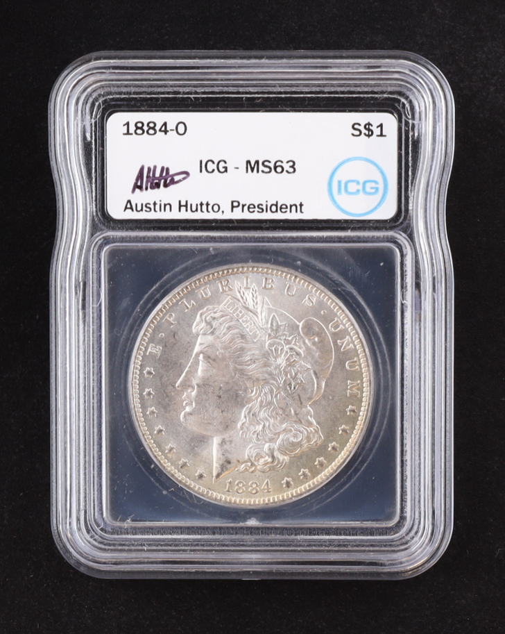 1884-O Morgan Silver Dollar - Austin Hutto Signature Label (ICG MS63) at PristineAuction.com 1884-O Morgan Silver Dollar - Austin Hutto Signature Label (ICG MS63) at PristineAuction.com