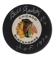 Bill Gadsby Signed Blackhawks Logo Hockey Puck Inscribed "H.O.F. 1970" (Beckett) at PristineAuction.com